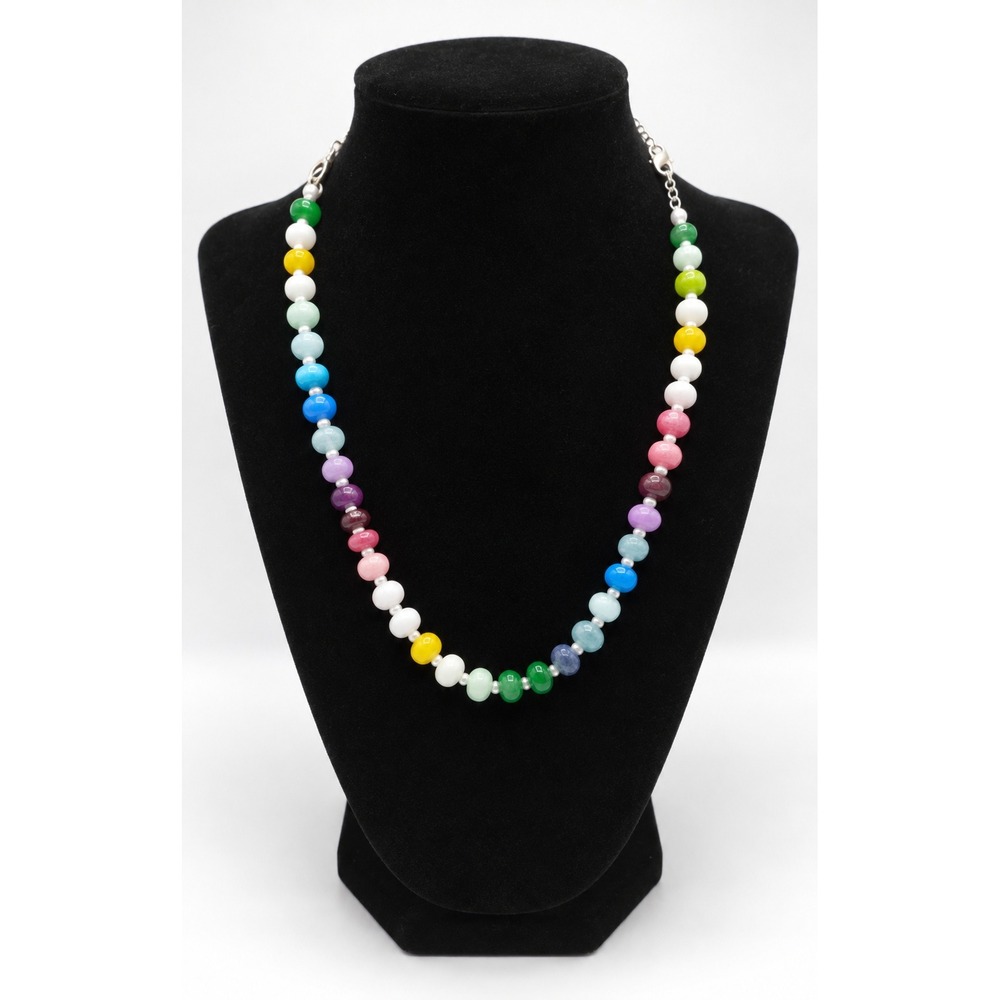 Multicolor Rainbow Glass Bead Necklace 18 Inch Adjustable Lobster Claw Clasp